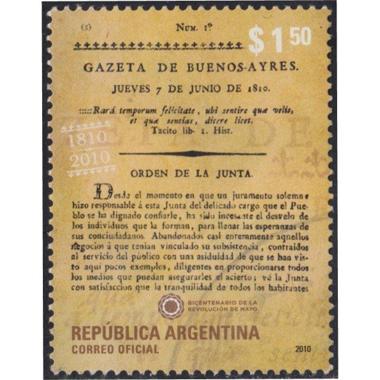 Argentina 2854 2010 Bicentenario de la 1ra aparición semanal la Gazeta de Buenos Aires usado Argentina 2854 2010 Bicentenario de la 1ra aparición semanal la Gazeta de Buenos Aires usado