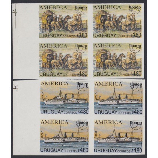 Upaep 1994 Uruguay 1487/88 bl.4 sin dentar imperforated horse ship barco caballo Upaep 1994 Uruguay 1487/88 bl.4 sin dentar imperforated horse ship barco caballo