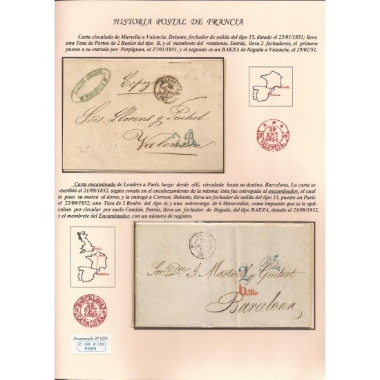 Francia Hoja montada con 2 cartas dirgidas a Valencia y Barcelona Francia Hoja montada con 2 cartas dirgidas a Valencia y Barcelona