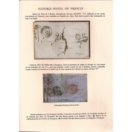 Francia Hoja montada con una carta de Thiiberville a Zaragoza 1852 Error Porteo Francia Hoja montada con una carta de Thiiberville a Zaragoza 1852 Error Porteo
