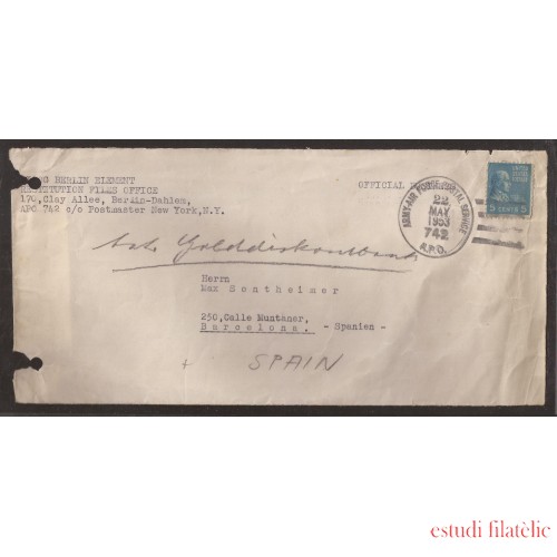 Estados Unidos Frontal de carta de New York a Barcelona 1953