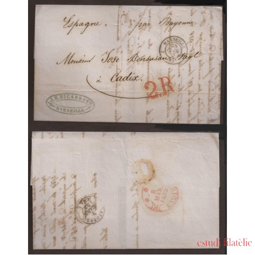 Francia carta de Marsella a Cadiz 1852 Via Bayona