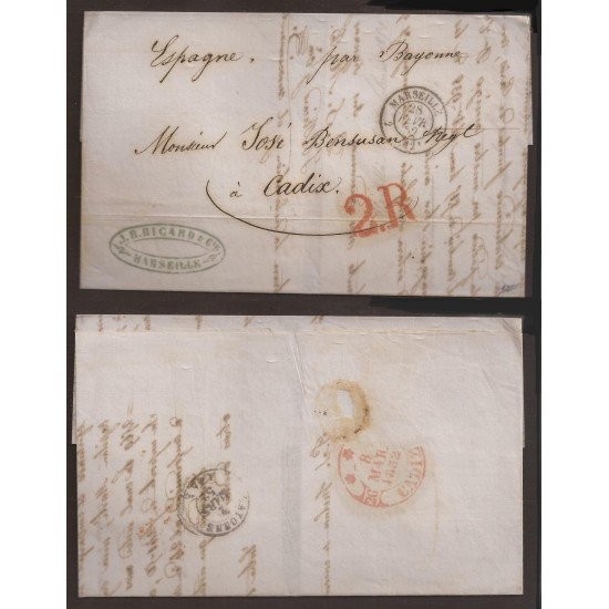 Francia carta de Marsella a Cadiz 1852 Via Bayona Francia carta de Marsella a Cadiz 1852 Via Bayona