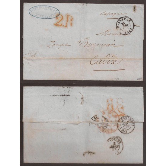 Francia Carta de Saint Servant a Cadiz Via Bayona-Burdeos Francia Carta de Saint Servant a Cadiz Via Bayona-Burdeos