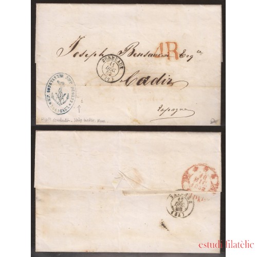 Francia Carta de Burdeos a Cadiz 1852 Resello Constatine Ship 