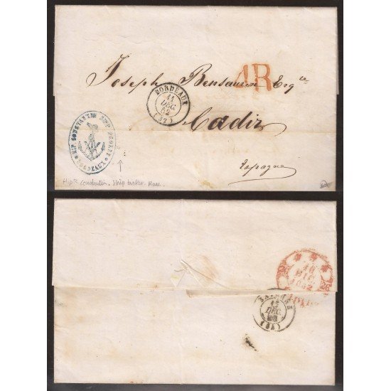 Francia Carta de Burdeos a Cadiz 1852 Resello Constatine Ship Francia Carta de Burdeos a Cadiz 1852 Resello Constatine Ship