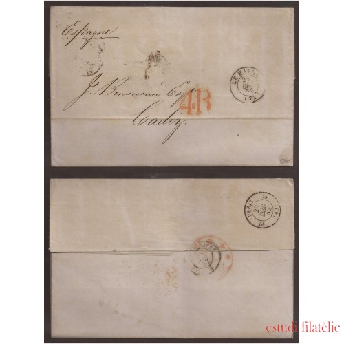 Francia Carta de Le Havre a Cádiz 1852 Via París