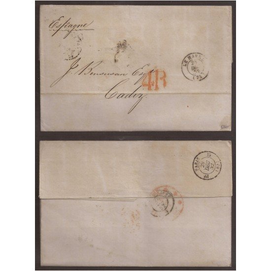 Francia Carta de Le Havre a Cádiz 1852 Via París Francia Carta de Le Havre a Cádiz 1852 Via París