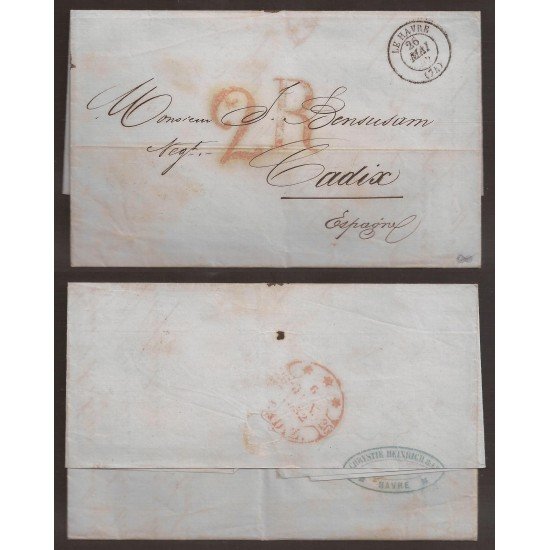 Francia carta de Le Havre a Cádiz 1852 Francia carta de Le Havre a Cádiz 1852