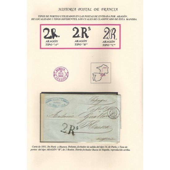 Francia Hoja montada con una carta de Paris a Huesca 1851 Francia Hoja montada con una carta de Paris a Huesca 1851