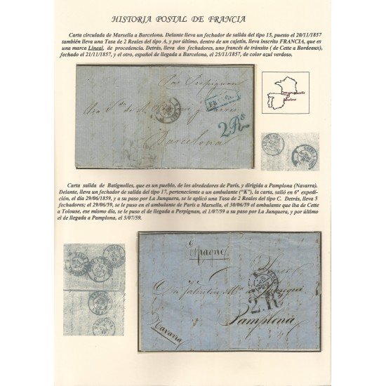 Francia Hoja montada con dos cartas dirigidas a Barcelona y Pamploma Francia Hoja montada con dos cartas dirigidas a Barcelona y Pamploma