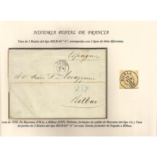Carta de Bayona a Bilbao 1858 2 reales en azul Carta de Bayona a Bilbao 1858 2 reales en azul