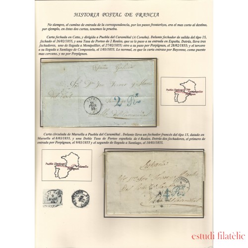 Francia Hoja montada con dos cartas dirigidas a Puebla de Caramiñal 1855
