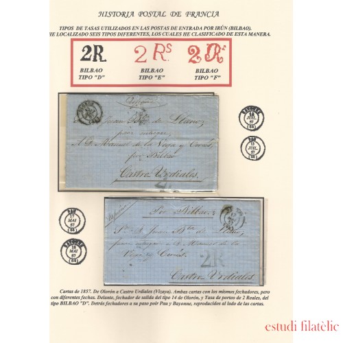 Francia Hoja montada con dos cartas de Olorón a Castro-Urdiales 1857-58