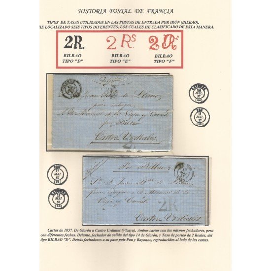 Francia Hoja montada con dos cartas de Olorón a Castro-Urdiales 1857-58 Francia Hoja montada con dos cartas de Olorón a Castro-Urdiales 1857-58