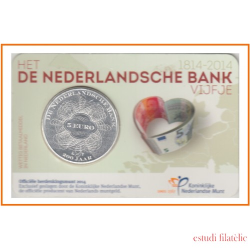 Holanda 2014 Cartera Oficial Coin Card Moneda 5 € 200 Años Banco Holanda 