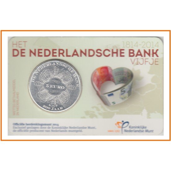 Holanda 2014 Cartera Oficial Coin Card Moneda 5 € 200 Años Banco Holanda Holanda 2014 Cartera Oficial Coin Card Moneda 5 € 200 Años Banco Holanda