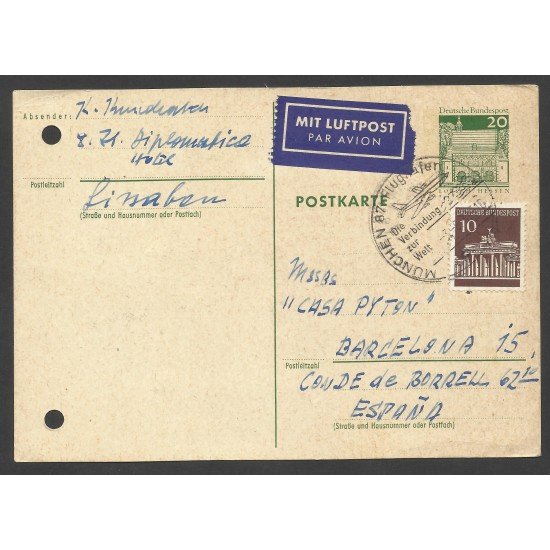 Alemania Postal de Munich a Barcelona por Correo Aéreo 1971 Alemania Postal de Munich a Barcelona por Correo Aéreo 1971