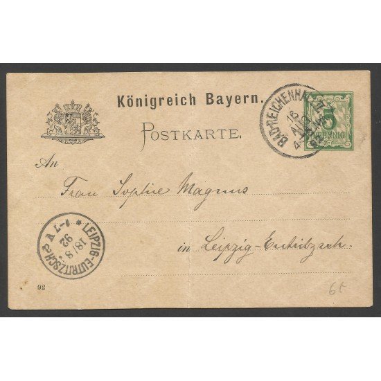 Alemania Postal de Bad Reichenhall a Leipzig 1892 Alemania Postal de Bad Reichenhall a Leipzig 1892