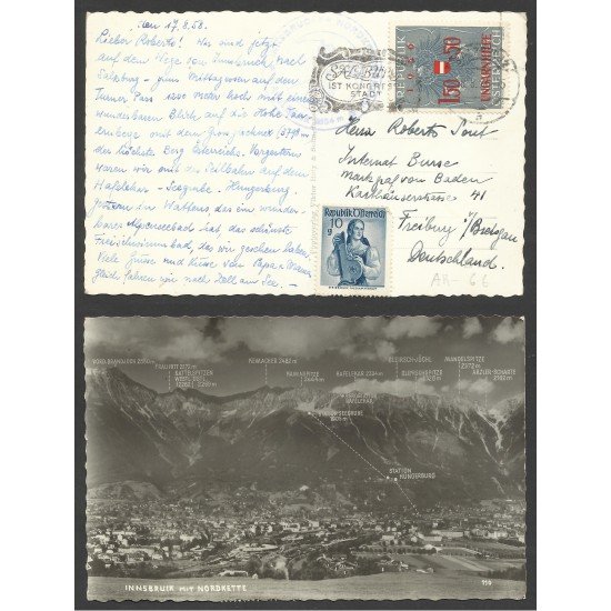 Austria Postal de Innsbruck a Fribugo 1958 Austria Postal de Innsbruck a Fribugo 1958