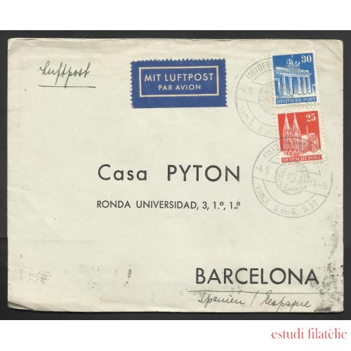 Alemania carta de Stutgart a Barcelona por Correo Aéreo 1951