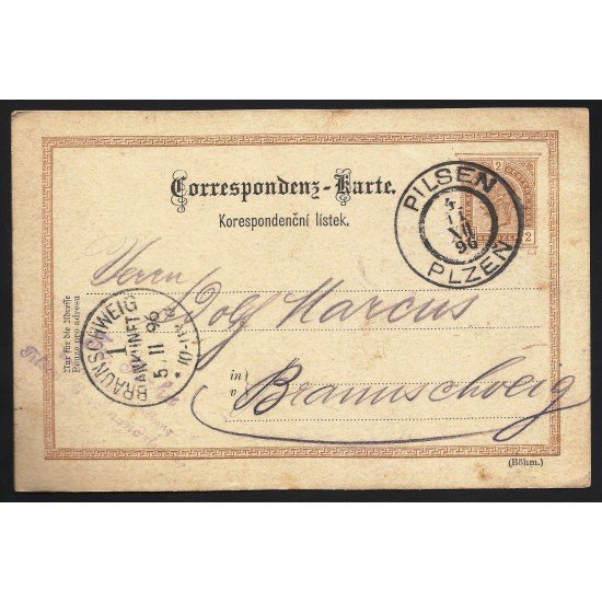 Austria Tarjeta Postal de Pilsen a Braunschweig (Alemania) 1896 Austria Tarjeta Postal de Pilsen a Braunschweig (Alemania) 1896