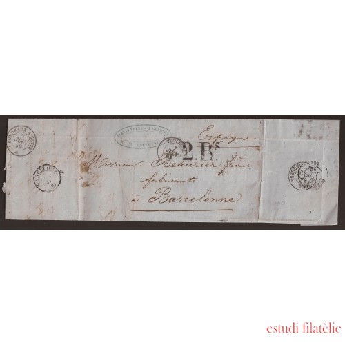 Francia Carta de Toulosse a Barcelona 1859 Via Burdeos-Perpignan-La Junquera