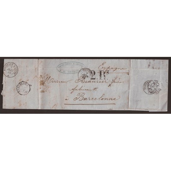 Francia Carta de Toulosse a Barcelona 1859 Via Burdeos-Perpignan-La Junquera Francia Carta de Toulosse a Barcelona 1859 Via Burdeos-Perpignan-La Junquera