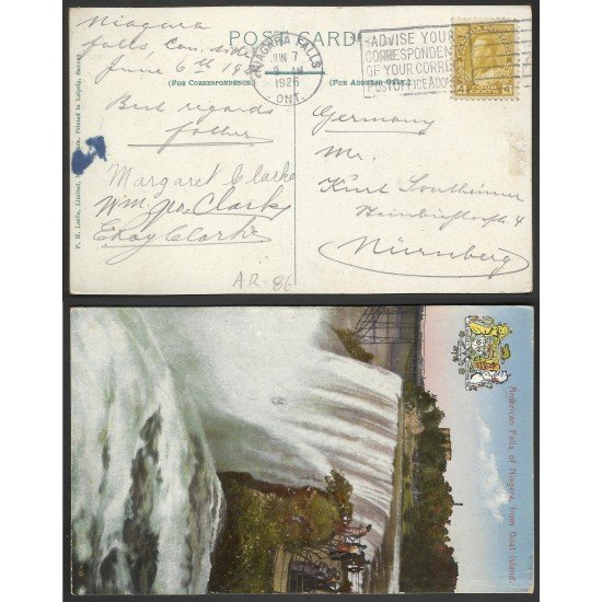 Canadá Postal de Niágara Falls a Nuremberg 1926 Canadá Postal de Niágara Falls a Nuremberg 1926