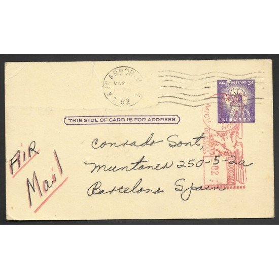 Estados Unidos Postal de Ann Arbor a Barcelona 1962 Estados Unidos Postal de Ann Arbor a Barcelona 1962
