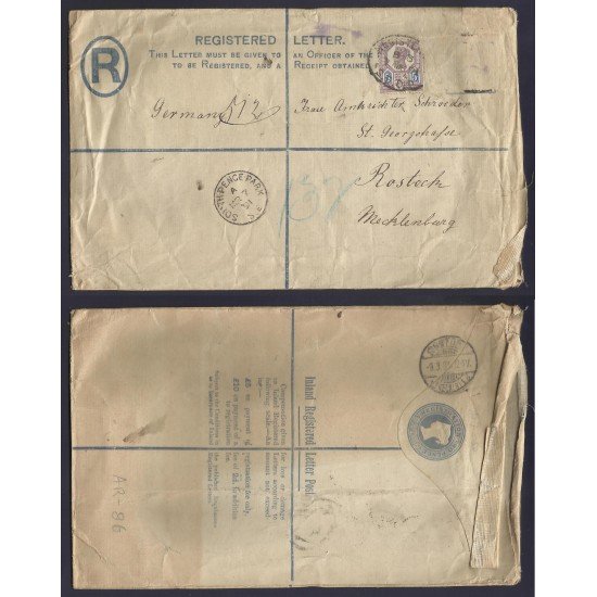 Inglaterra Carta certificada a Rostock (Alemania) 1891 Inglaterra Carta certificada a Rostock (Alemania) 1891