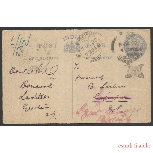 India Postal de Lashkar a Gajsinghpur 1920