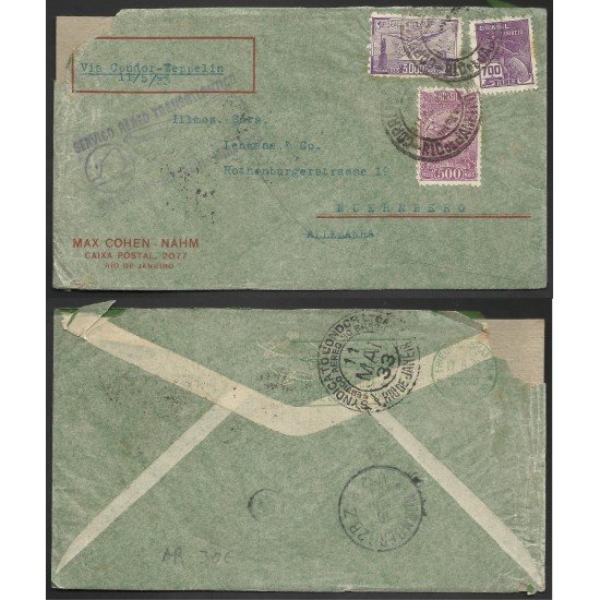 Brasil Carta de Rio de Janeiro a Nuremberg 1933 (Zeppelin) Brasil Carta de Rio de Janeiro a Nuremberg 1933 (Zeppelin)