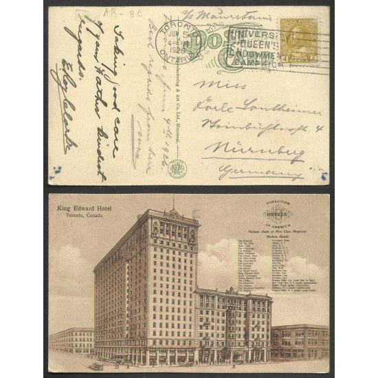 Canadá Postal de Toronto a Nuremberg 1926 Canadá Postal de Toronto a Nuremberg 1926