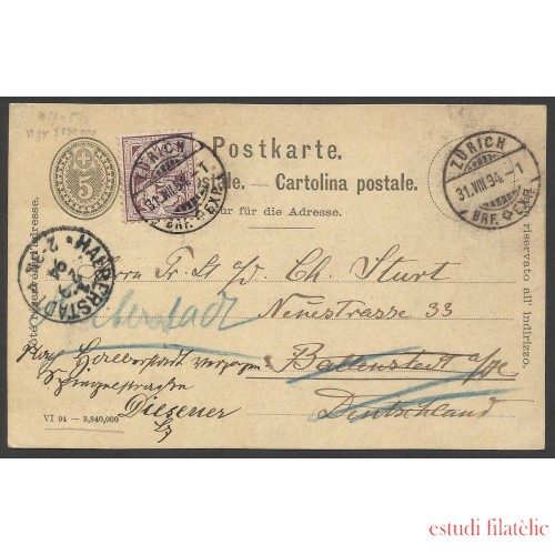 Suiza Postal de Zurich a Halberstadt (Alemania) 1894