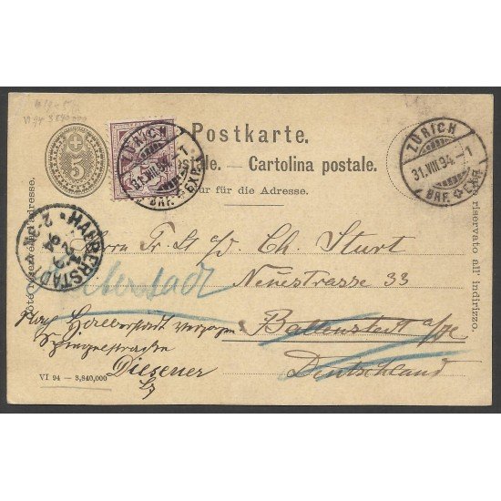 Suiza Postal de Zurich a Halberstadt (Alemania) 1894 Suiza Postal de Zurich a Halberstadt (Alemania) 1894