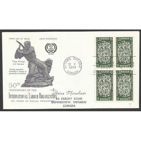 Canadá Sobre Primer día 50 Aniv. Minería 1969 Canadá Sobre Primer día 50 Aniv. Minería 1969