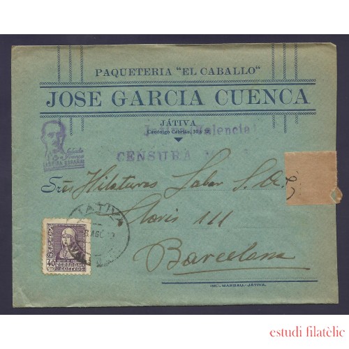 España Carta de Játiva a Barcelona 1939 Marca Censura Militar Játiva