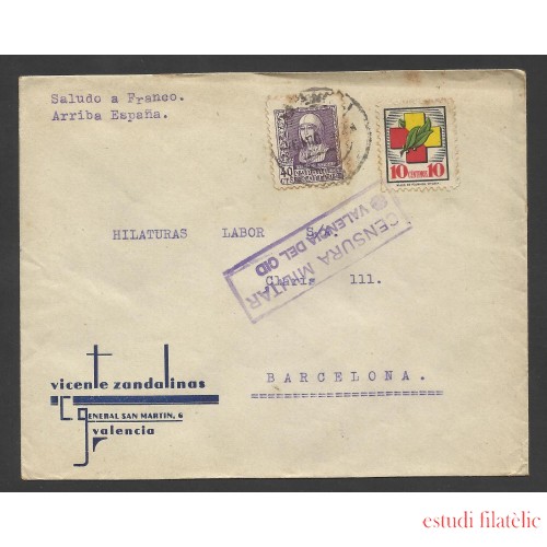 España Carta de Valencia a Barcelona 1939  Marca Censura Militar Valencia del Cid
