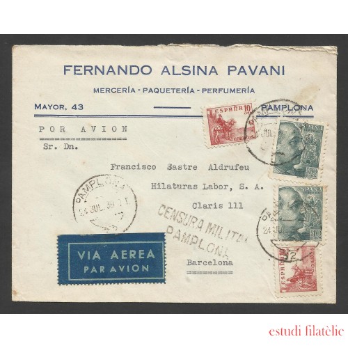 España Carta de Pamplona a Barcelona 1939 Marca Militar Pamplona