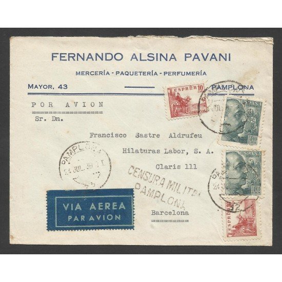 España Carta de Pamplona a Barcelona 1939 Marca Militar Pamplona España Carta de Pamplona a Barcelona 1939 Marca Militar Pamplona