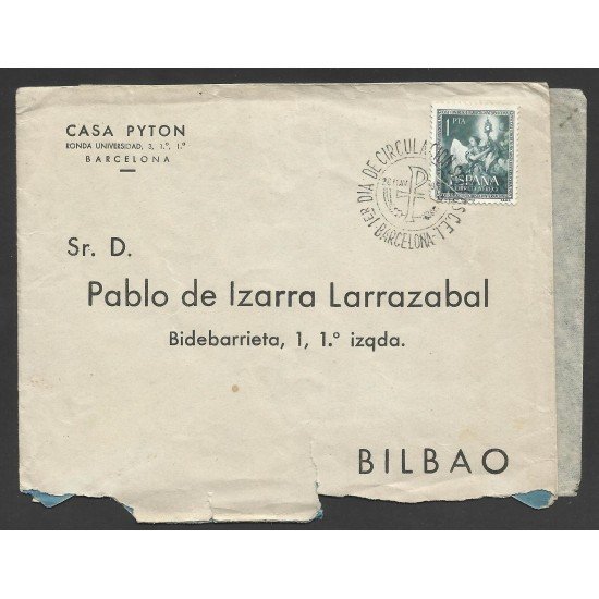 España Carta de Barcelona a Bilbao con Matasello Primer Día España Carta de Barcelona a Bilbao con Matasello Primer Día