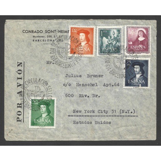 España Carta de Barcelona a Estados Unidos 1952 con Matasello Primer Día España Carta de Barcelona a Estados Unidos 1952 con Matasello Primer Día