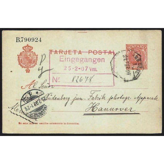 España Postal de Las Minas de San Miguel (Huelva) a Hanover 1907 España Postal de Las Minas de San Miguel (Huelva) a Hanover 1907