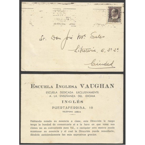 España Postal de la Escuela Inglesa Vaughan a un alumno Años 30 España Postal de la Escuela Inglesa Vaughan a un alumno Años 30