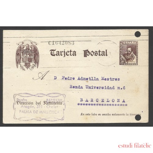 España Postal de Palma de Malloca a Barcelona 1943