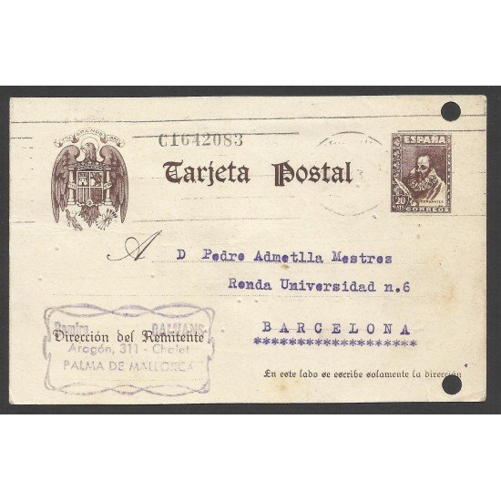 España Postal de Palma de Malloca a Barcelona 1943 España Postal de Palma de Malloca a Barcelona 1943