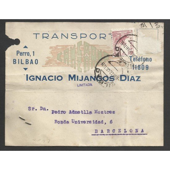 España Postal de Bilbao a Barcelona 1946 España Postal de Bilbao a Barcelona 1946