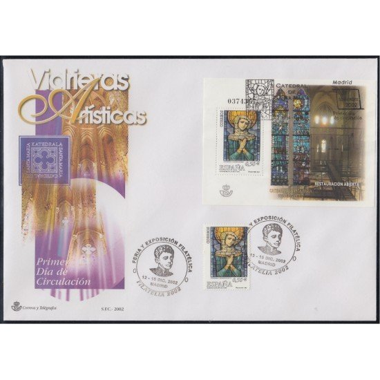 España 3954 2002 matasello y sobre Primer día Feria 2002 Vidrieras arte español España 3954 2002 matasello y sobre Primer día Feria 2002 Vidrieras arte español