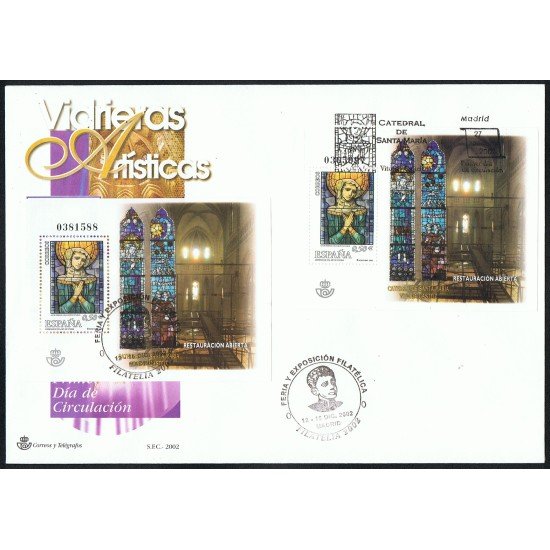 España 3954 2002 matasello y sobre Primer día Feria Filatélica Madrid 2002 Vidrieras Arte Español España 3954 2002 matasello y sobre Primer día Feria Filatélica Madrid 2002 Vidrieras Arte Español
